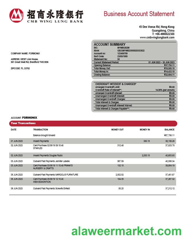 Wing Lung Bank company account statement Word and PDF template